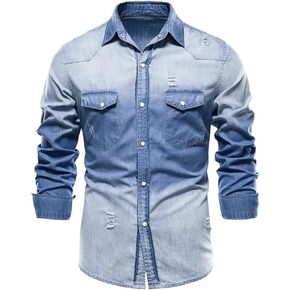 LONGBIDA Mens Denim Shirt Button Down Long Sleeve Casual Slim Fit Shirts in Saudi Arabia