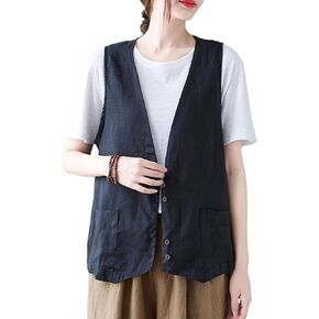 سترة نسائية من القطن والكتان من Zontroldy سترات فضفاضة غير رسمية برقبة على شكل حرف V بدون أكمام وسترة صدرية مع جيوب in Kuwait