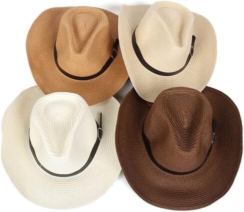 GRNUS للجنسين قبعة رعاة البقر من القش قبعة راعية البقر قبعة الشمس المرنة قبعة فيدورا بنما واسعة مع حزام للرجال والنساء in Kuwait