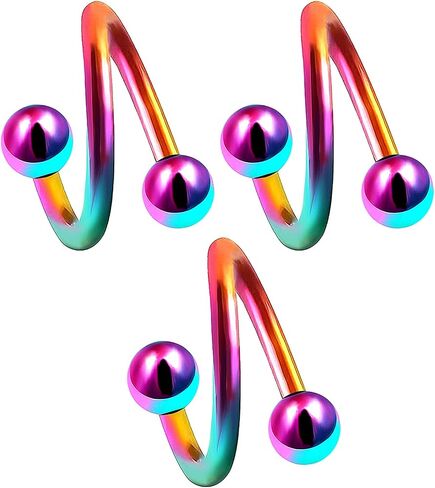 bodyjewellery 14g 14 gauge 3/8 Rainbow surgical steel eyebrow lip bar ear tragus Twist earring ring spiral Barbell ball AQTI Piercing 3pcs in Saudi Arabia