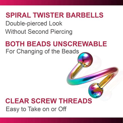 bodyjewellery 14g 14 gauge 3/8 Rainbow surgical steel eyebrow lip bar ear tragus Twist earring ring spiral Barbell ball AQTI Piercing 3pcs in Saudi Arabia