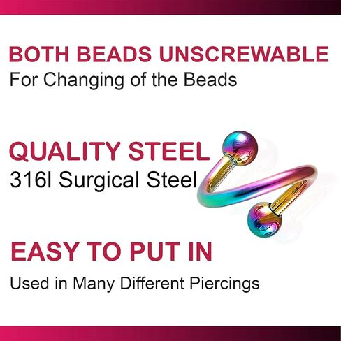 bodyjewellery 14g 14 gauge 3/8 Rainbow surgical steel eyebrow lip bar ear tragus Twist earring ring spiral Barbell ball AQTI Piercing 3pcs in Saudi Arabia