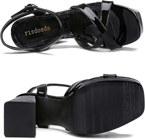 Risdoada المرأة منصة الكعوب الصنادل المفتوحة تو الكاحل حزام كعب مكتنز صندل حفل زفاف فستان براءات الاختراع والجلود PU مضخات in Kuwait