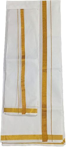 Kolakeer™ Men's Cotton 8x4 Zari Dhoti Angavastram Set - 3.6 Mtrs Veshti Mundu and 1.8 Mtrs Angavastram with Gold Zari Border in Kuwait