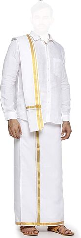 Kolakeer™ Men's Cotton 8x4 Zari Dhoti Angavastram Set - 3.6 Mtrs Veshti Mundu and 1.8 Mtrs Angavastram with Gold Zari Border in Kuwait
