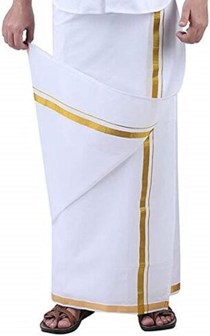 Kolakeer™ Men's Cotton 8x4 Zari Dhoti Angavastram Set - 3.6 Mtrs Veshti Mundu and 1.8 Mtrs Angavastram with Gold Zari Border in Kuwait