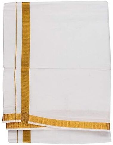 Kolakeer™ Men's Cotton 8x4 Zari Dhoti Angavastram Set - 3.6 Mtrs Veshti Mundu and 1.8 Mtrs Angavastram with Gold Zari Border in Kuwait