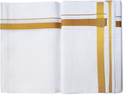 Kolakeer™ Men's Cotton 8x4 Zari Dhoti Angavastram Set - 3.6 Mtrs Veshti Mundu and 1.8 Mtrs Angavastram with Gold Zari Border in Kuwait