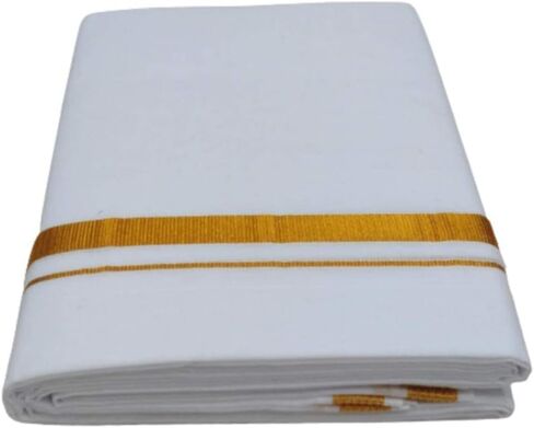 Kolakeer™ Men's Cotton 8x4 Zari Dhoti Angavastram Set - 3.6 Mtrs Veshti Mundu and 1.8 Mtrs Angavastram with Gold Zari Border in Kuwait