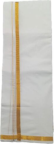 Kolakeer™ Men's Cotton 8x4 Zari Dhoti Angavastram Set - 3.6 Mtrs Veshti Mundu and 1.8 Mtrs Angavastram with Gold Zari Border in Kuwait