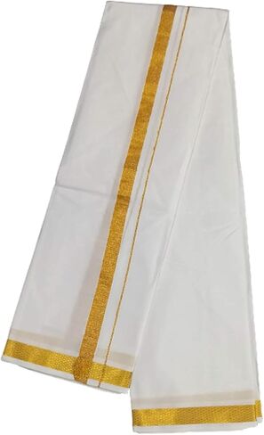 Kolakeer™ Men's Cotton 8x4 Zari Dhoti Angavastram Set - 3.6 Mtrs Veshti Mundu and 1.8 Mtrs Angavastram with Gold Zari Border in Kuwait