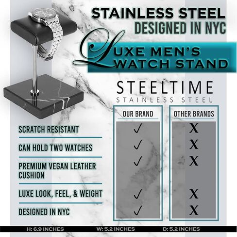 Steeltime Deluxe Vegan Handcrafted Leather Padded Watch Holder + Display Stand (Black Onyx Gold/Double) in Kuwait