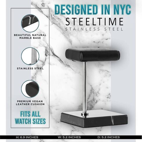 Steeltime Deluxe Vegan Handcrafted Leather Padded Watch Holder + Display Stand (Black Onyx Gold/Double) in Kuwait