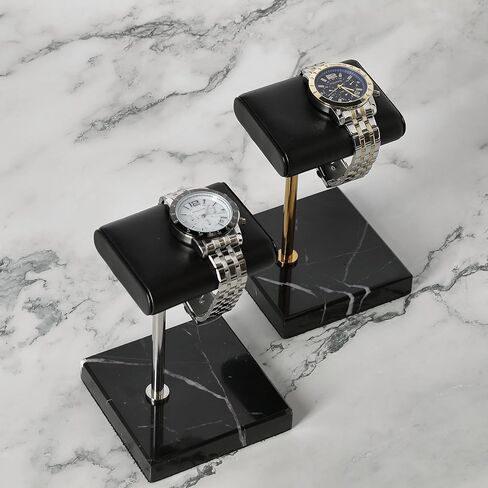 Steeltime Deluxe Vegan Handcrafted Leather Padded Watch Holder + Display Stand (Black Onyx Gold/Double) in Kuwait