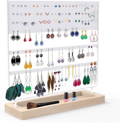 Earrings Organizer Jewelry Display Stand, 144 Holes Earring Holder Rack with Wooden Tray for Earrings Necklaces Bracelets and Rings Large Storage Earring Jewelry Display Tree as Women Girls Gift in Saudi Arabia
