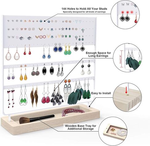 Earrings Organizer Jewelry Display Stand, 144 Holes Earring Holder Rack with Wooden Tray for Earrings Necklaces Bracelets and Rings Large Storage Earring Jewelry Display Tree as Women Girls Gift in Saudi Arabia