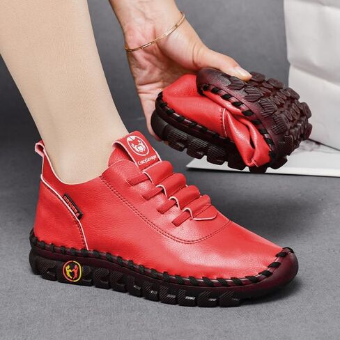 CrazySavage Women's Leather Soft Beef Tendon Bottom Flat Loafers Leisure Slip Ons Handmade Orthotic Round Toe Breathable Non-Slip Mom Walking Shoe in Saudi Arabia