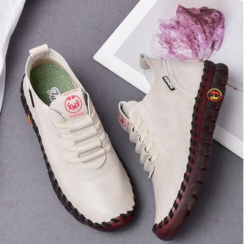 CrazySavage Women's Leather Soft Beef Tendon Bottom Flat Loafers Leisure Slip Ons Handmade Orthotic Round Toe Breathable Non-Slip Mom Walking Shoe in Saudi Arabia