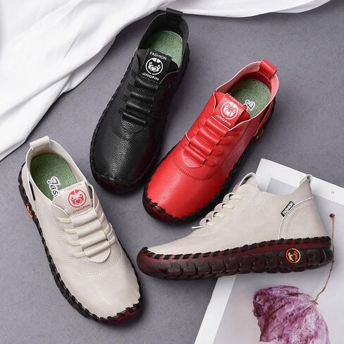 CrazySavage Women's Leather Soft Beef Tendon Bottom Flat Loafers Leisure Slip Ons Handmade Orthotic Round Toe Breathable Non-Slip Mom Walking Shoe in Saudi Arabia