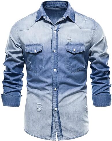 LONGBIDA Mens Denim Shirt Button Down Long Sleeve Casual Slim Fit Shirts in Saudi Arabia
