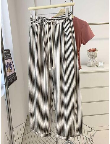 XIBAOBAO Women's Striped Wide Leg Lounge Pants Pinstripe Drawstring Lightweight Petite Trousers in Saudi Arabia