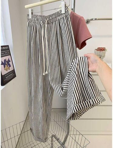 XIBAOBAO Women's Striped Wide Leg Lounge Pants Pinstripe Drawstring Lightweight Petite Trousers in Saudi Arabia
