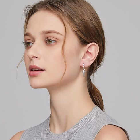 JiaYang Cross Hoop Earrings for Women & Men, 925 Sterling Silver Cross Dangle Earrings, Simple Cross Stud Earrings for Men, Silver/Black/Rose Gold/Gold Color Cross Jewelry, Everyday Earrings for Adult in Saudi Arabia