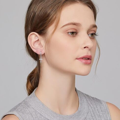 JiaYang Cross Hoop Earrings for Women & Men, 925 Sterling Silver Cross Dangle Earrings, Simple Cross Stud Earrings for Men, Silver/Black/Rose Gold/Gold Color Cross Jewelry, Everyday Earrings for Adult in Saudi Arabia