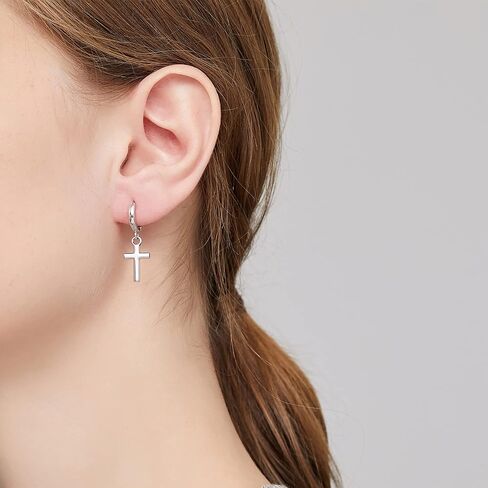 JiaYang Cross Hoop Earrings for Women & Men, 925 Sterling Silver Cross Dangle Earrings, Simple Cross Stud Earrings for Men, Silver/Black/Rose Gold/Gold Color Cross Jewelry, Everyday Earrings for Adult in Saudi Arabia