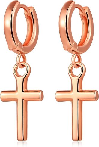 JiaYang Cross Hoop Earrings for Women & Men, 925 Sterling Silver Cross Dangle Earrings, Simple Cross Stud Earrings for Men, Silver/Black/Rose Gold/Gold Color Cross Jewelry, Everyday Earrings for Adult in Saudi Arabia