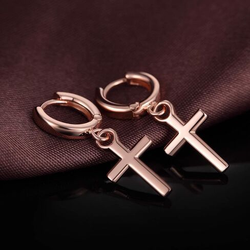 JiaYang Cross Hoop Earrings for Women & Men, 925 Sterling Silver Cross Dangle Earrings, Simple Cross Stud Earrings for Men, Silver/Black/Rose Gold/Gold Color Cross Jewelry, Everyday Earrings for Adult in Saudi Arabia
