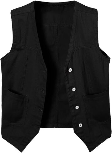 سترة Kedera النسائية بدون أكمام من قماش الدنيم ورقبة على شكل حرف V وأزرار سفلية خفيفة الوزن من الجينز in Kuwait