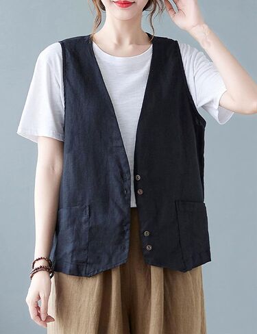 Zontroldy Womens Cotton Linen Vest Casual Loose V Neck Sleeveless Vests Jacket Blazer Waistcoat with Pockets in Kuwait