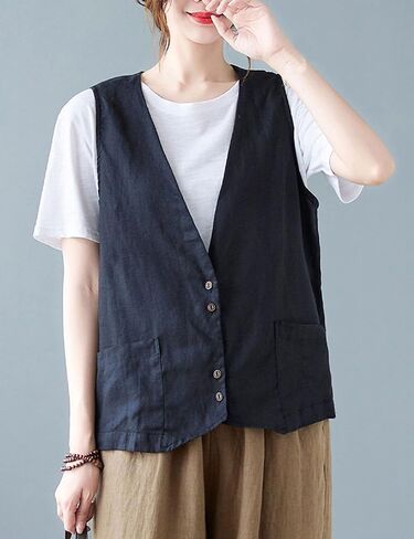 Zontroldy Womens Cotton Linen Vest Casual Loose V Neck Sleeveless Vests Jacket Blazer Waistcoat with Pockets in Kuwait
