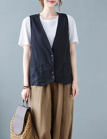 Zontroldy Womens Cotton Linen Vest Casual Loose V Neck Sleeveless Vests Jacket Blazer Waistcoat with Pockets in Kuwait