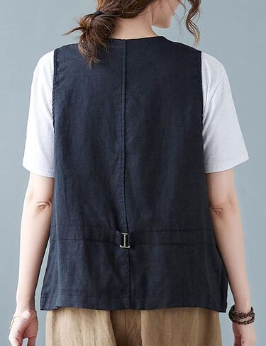 Zontroldy Womens Cotton Linen Vest Casual Loose V Neck Sleeveless Vests Jacket Blazer Waistcoat with Pockets in Kuwait