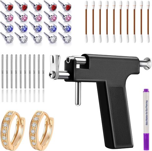 Ear Piercing Gun Kit, Professional Body Earrings Piercing Kit with A Pair of 18K Real Gold Plated Earrings, 20 Stainless Steel Stud Earrings, 10 Sterling Silver Ear Sticks,10 Iodophor Cotton Swabs in Saudi Arabia