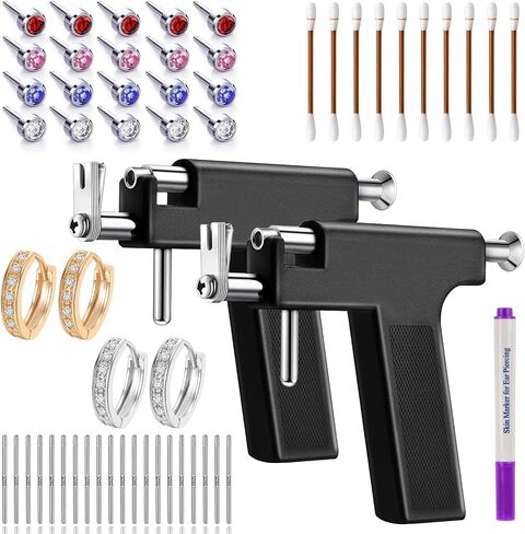 Ear Piercing Gun Kit, Professional Body Earrings Piercing Kit with A Pair of 18K Real Gold Plated Earrings, 20 Stainless Steel Stud Earrings, 10 Sterling Silver Ear Sticks,10 Iodophor Cotton Swabs in Saudi Arabia