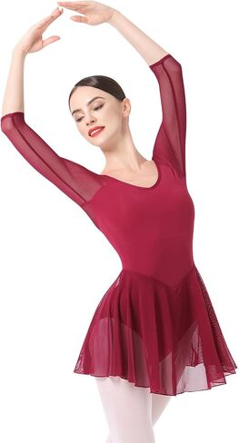 ODASDO Women 3/4 Sleeve Skirted Leotard with Built-in Panty Adult Teens Girls Ballet Dress U-back Unitard Ballerina Outfit in Kuwait