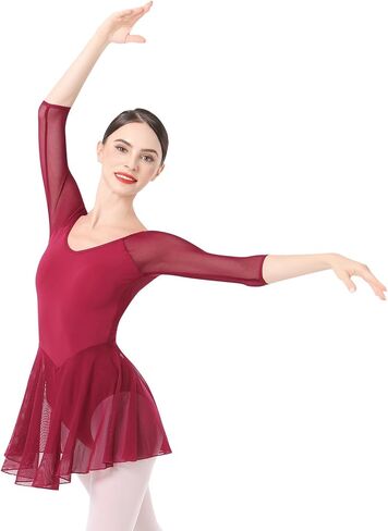 ODASDO Women 3/4 Sleeve Skirted Leotard with Built-in Panty Adult Teens Girls Ballet Dress U-back Unitard Ballerina Outfit in Kuwait
