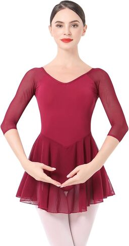 ODASDO Women 3/4 Sleeve Skirted Leotard with Built-in Panty Adult Teens Girls Ballet Dress U-back Unitard Ballerina Outfit in Kuwait