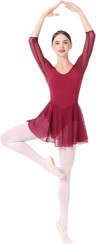 ODASDO Women 3/4 Sleeve Skirted Leotard with Built-in Panty Adult Teens Girls Ballet Dress U-back Unitard Ballerina Outfit in Kuwait