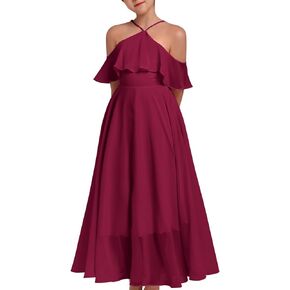 Chiffon Prom Formal Party Princess Bridesmaid Flower Girl's Dress for Kids Halter Backless Holiday Evening Gown