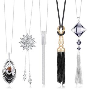 Subiceto 5 Pcs Long Sweater Necklace for Women Long Pendant Necklace Set Y Flower Rhinestone Tassel Triple Stack Cubic Zirconia Pendant Neckace Jewelry in Kuwait