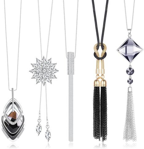 Subiceto 5 قطع سترة طويلة قلادة للنساء قلادة طويلة مجموعة قلادة Y زهرة حجر الراين شرابة ثلاثية المكدس مكعب زركونيا قلادة قلادة المجوهرات in Kuwait