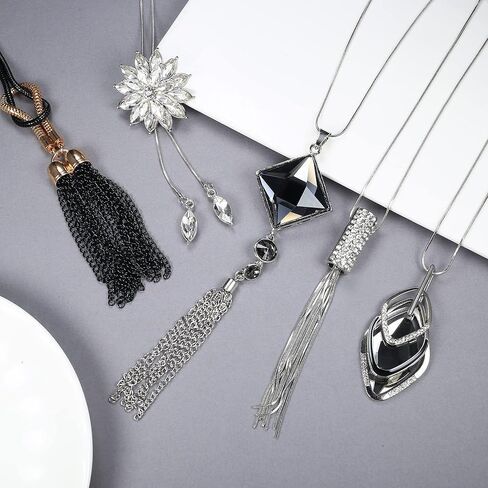 Subiceto 5 قطع سترة طويلة قلادة للنساء قلادة طويلة مجموعة قلادة Y زهرة حجر الراين شرابة ثلاثية المكدس مكعب زركونيا قلادة قلادة المجوهرات in Kuwait