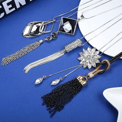 Subiceto 5 قطع سترة طويلة قلادة للنساء قلادة طويلة مجموعة قلادة Y زهرة حجر الراين شرابة ثلاثية المكدس مكعب زركونيا قلادة قلادة المجوهرات in Kuwait