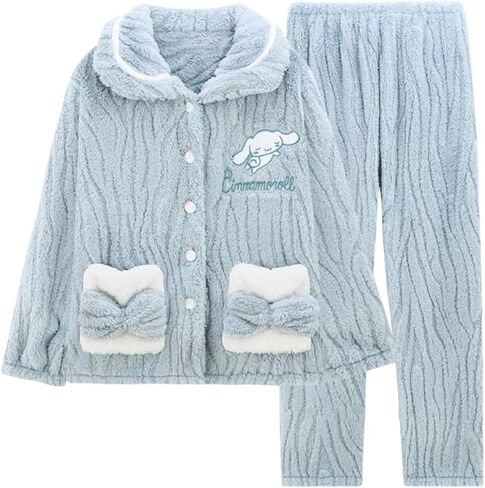 طقم بيجامات نسائي منفوش دافئ من الصوف المرجاني ملابس نوم كاواي فضفاضة من القطيفة ملابس نوم غامضة لطيفة ملابس تنحيف لفصل الشتاء in Kuwait