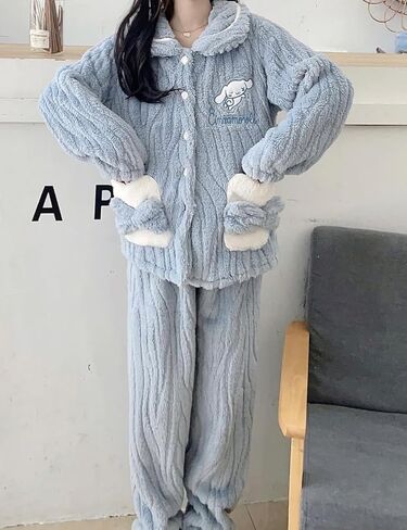 طقم بيجامات نسائي منفوش دافئ من الصوف المرجاني ملابس نوم كاواي فضفاضة من القطيفة ملابس نوم غامضة لطيفة ملابس تنحيف لفصل الشتاء in Kuwait