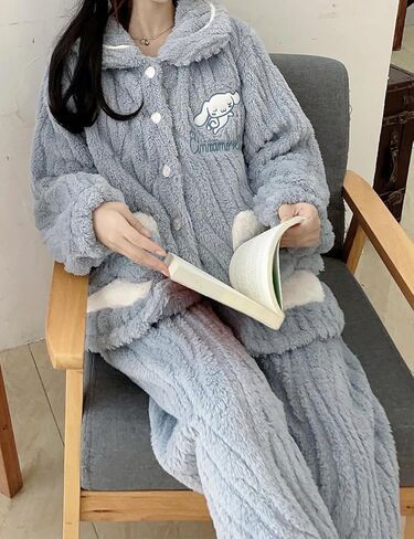 طقم بيجامات نسائي منفوش دافئ من الصوف المرجاني ملابس نوم كاواي فضفاضة من القطيفة ملابس نوم غامضة لطيفة ملابس تنحيف لفصل الشتاء in Kuwait